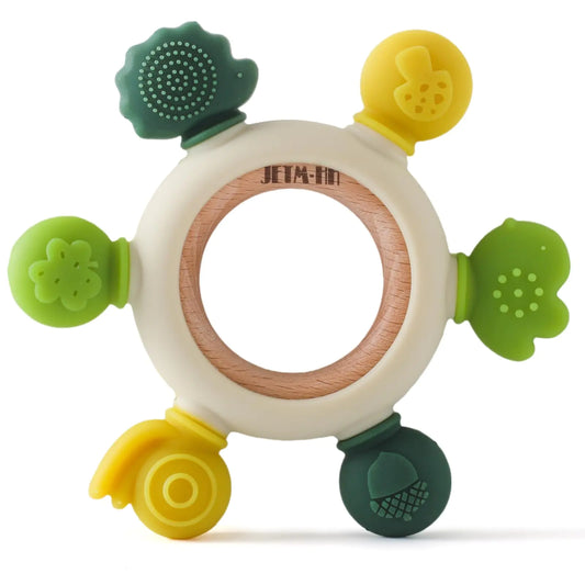 Baby Teething Toys, Silicone Chewable Toys with Organic Wooden Ring